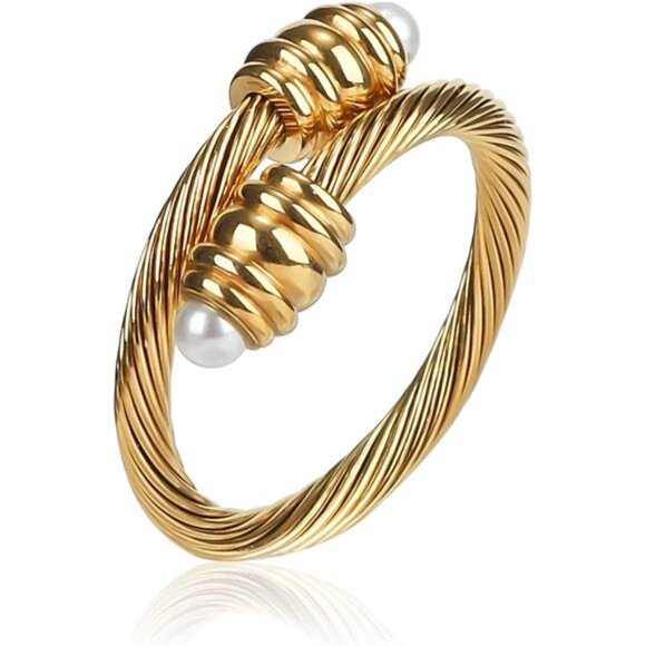 ✨ Cable Pearl Cuff Ring | Adjustable 70mm–90mm | Elegant Statement Jewelry - Picture 1 of 4
